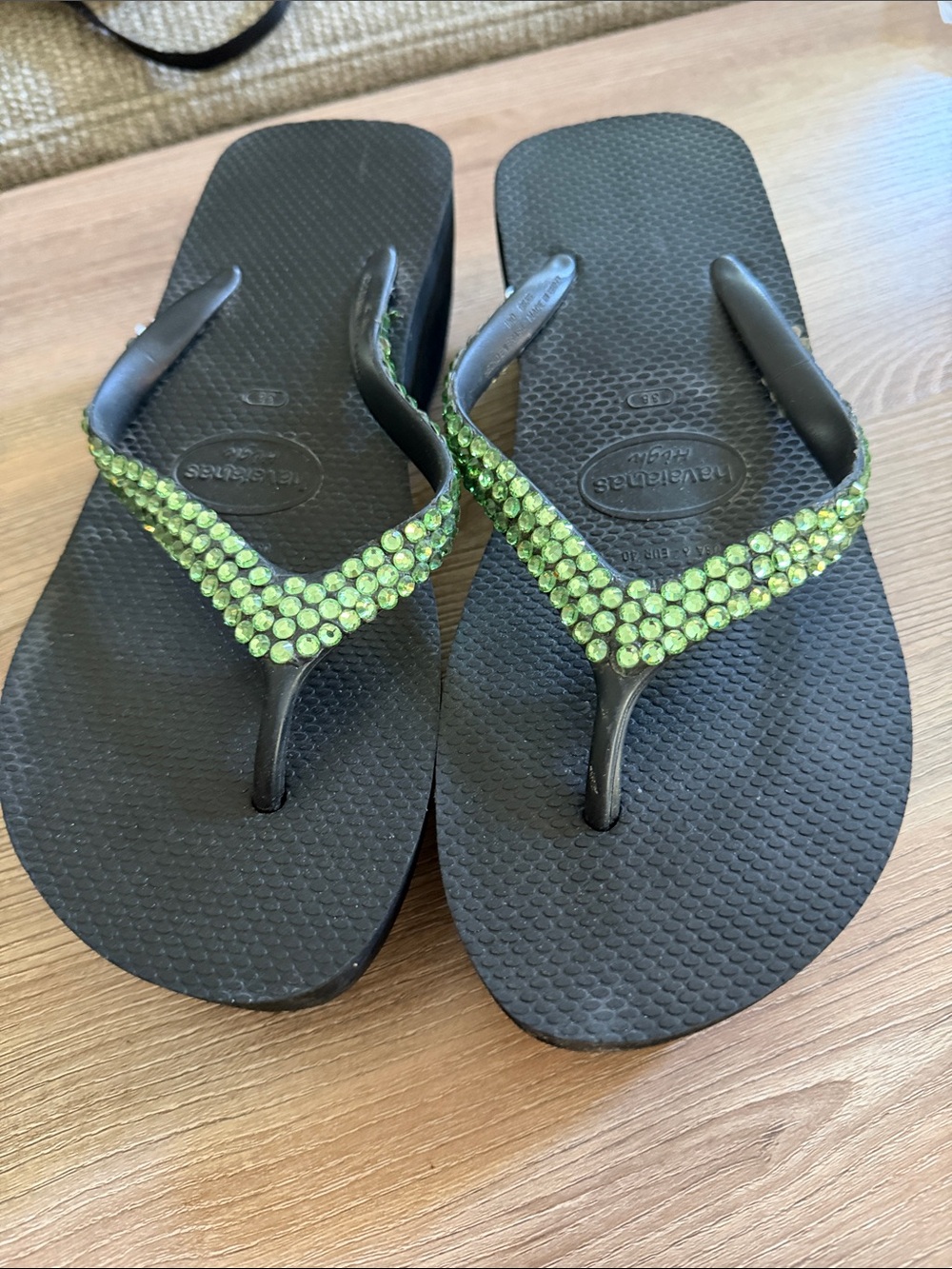 Havaianas Black Flip Flops with Green Crystal Straps